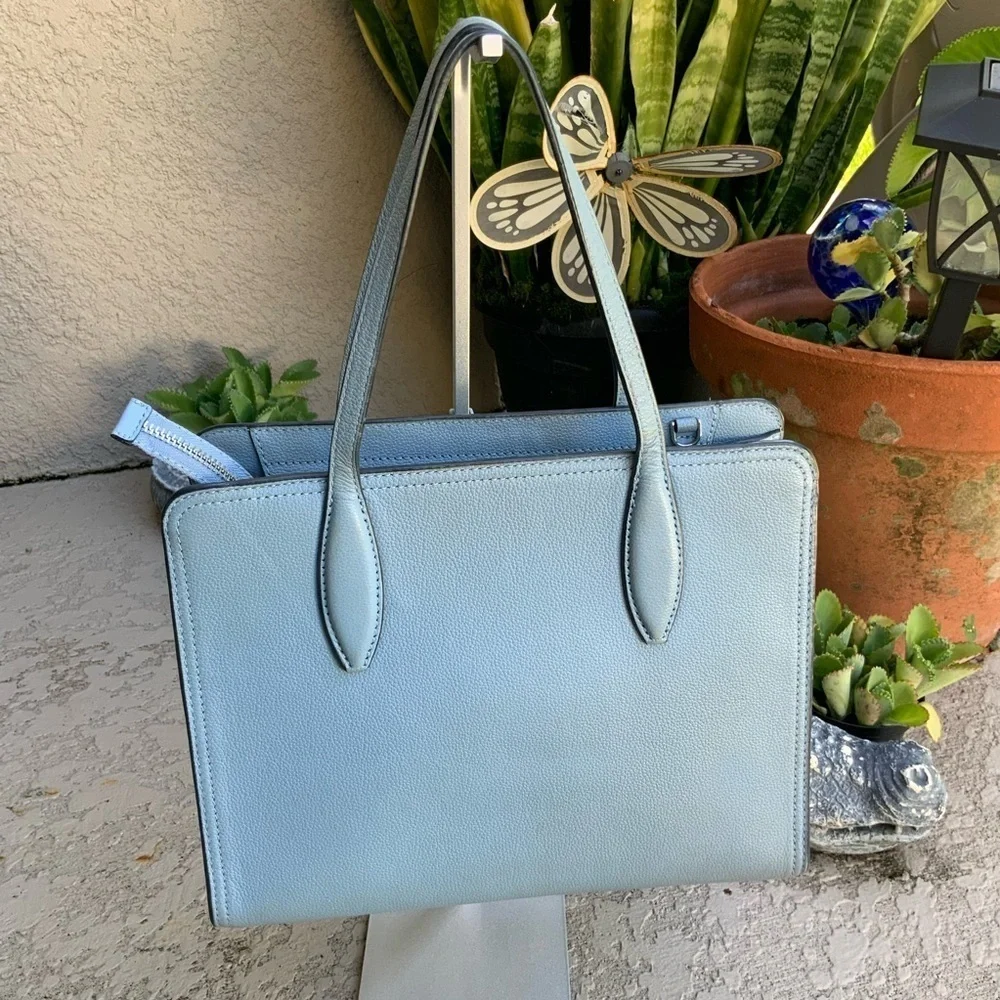 Kate Spade Rowe Dusty Blue Medium Top Zip Pebble Leather Satchel Purse Bag